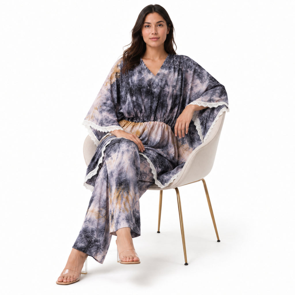 Women's Grey Tie-Dye Lace Trim Kaftan Co-Ord Set | Breezy Resort Wear Lounge Set-2