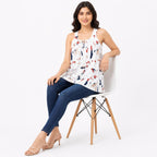 Women's White Abstract Print Sleeveless Tie-Neck Top-2