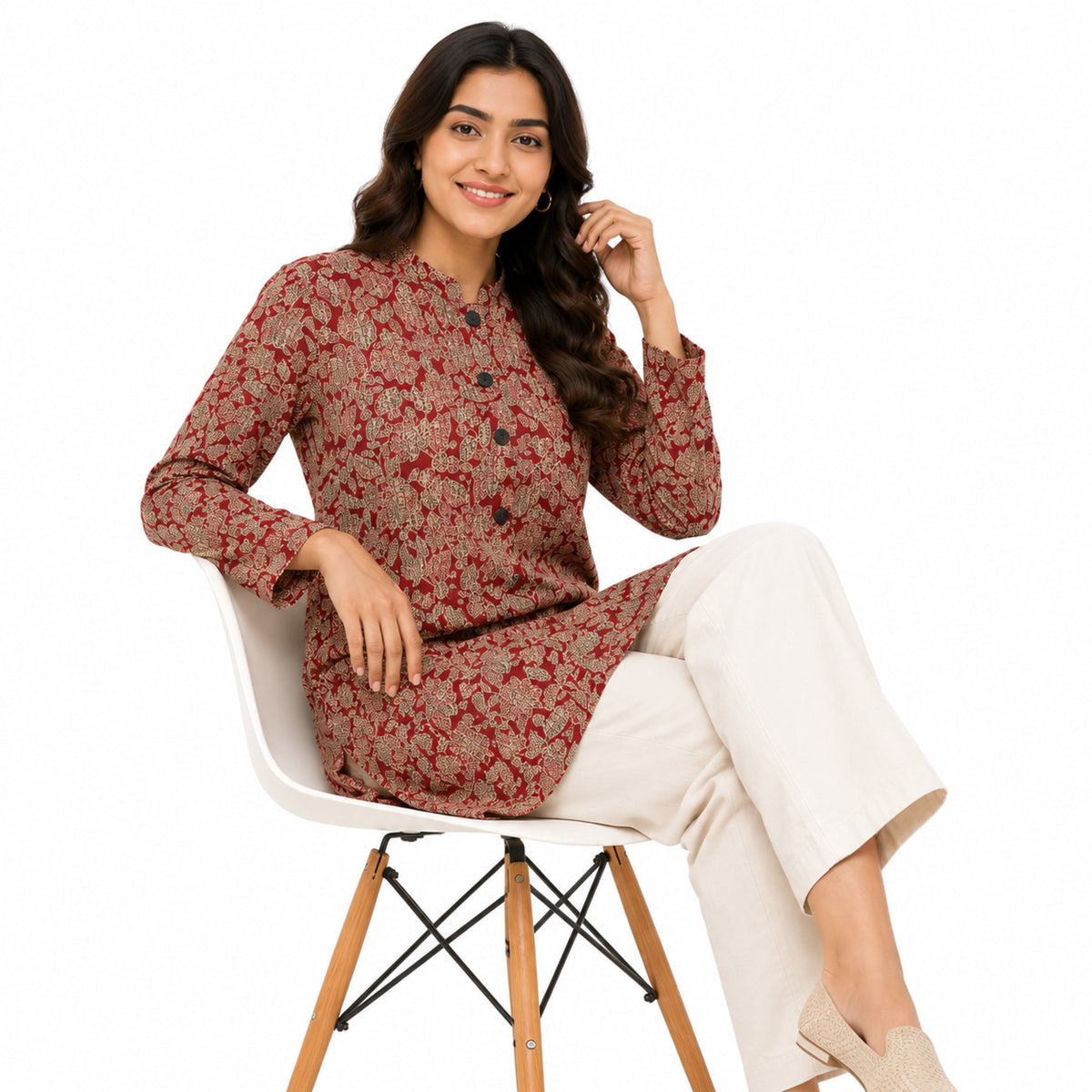 Women’s Red & Beige Printed Jacket – Full Sleeve Ethnic Jacket with Mandarin Collar-3