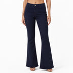 Women's Retro Navy Blue High-Waisted Flare Denim Jeans with Fringed Hem-1