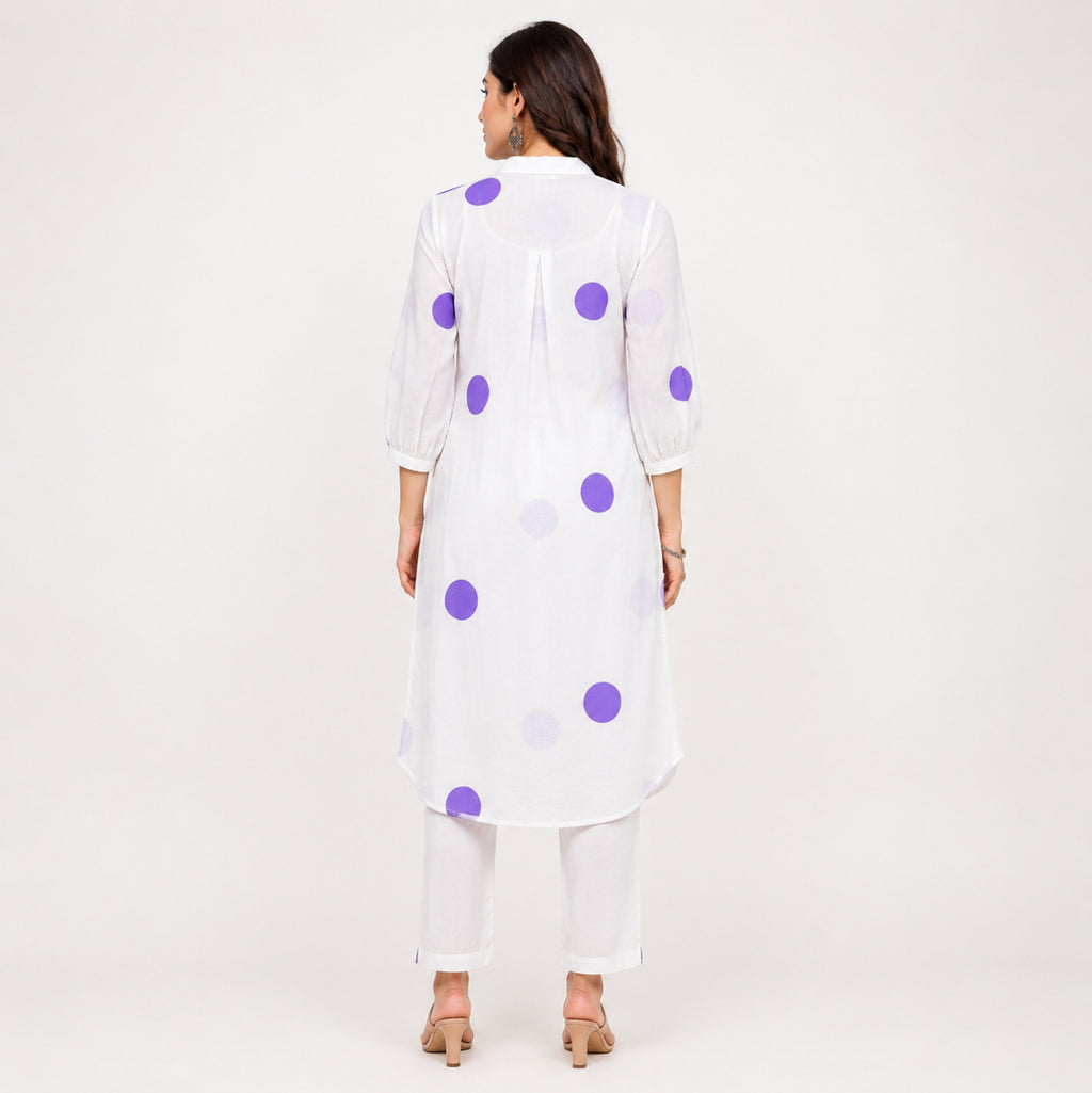 Women's White & Lavender Polka Dot Kurta Set-4