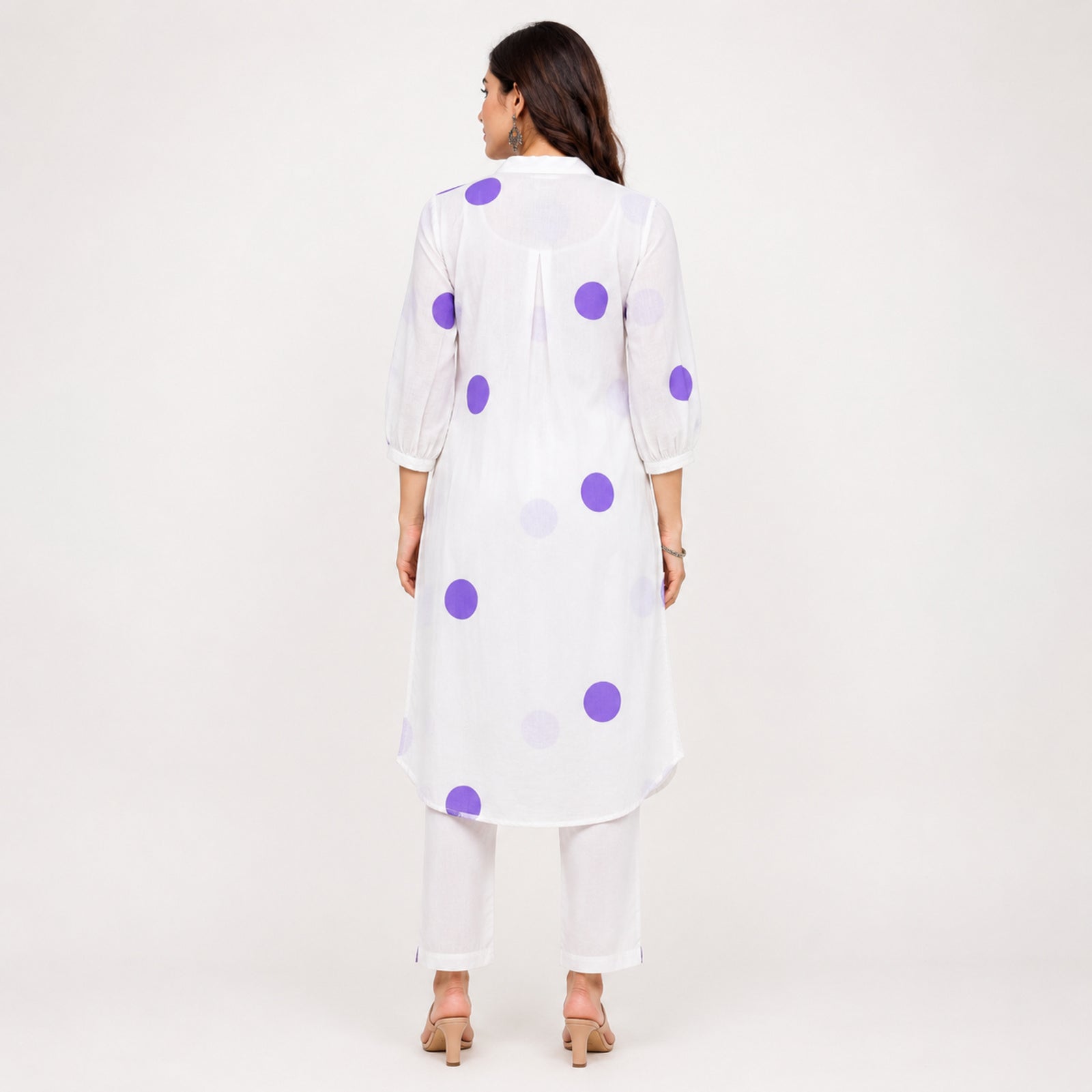Women's White & Lavender Polka Dot Kurta Set-4
