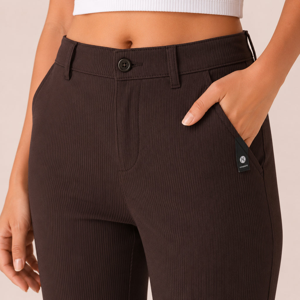 Women's Coffee Brown Ribbed Straight Fit Trousers-2