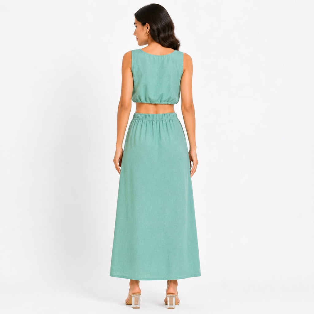 Women's Smoke Sleeveless Drawstring Crop Top and Maxi Skirt Co-Ord Set-4