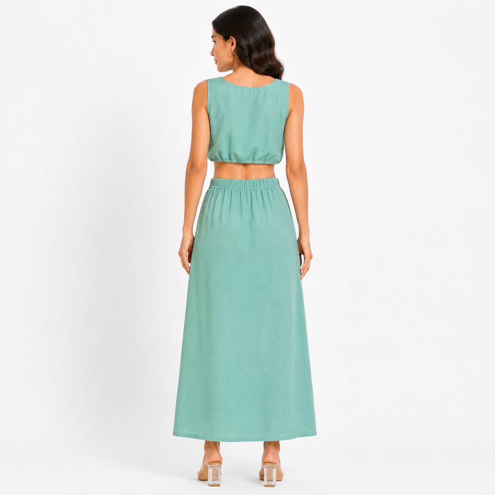 Women's Smoke Sleeveless Drawstring Crop Top and Maxi Skirt Co-Ord Set-4
