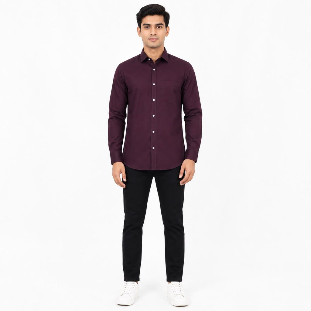 Men's Maroon Solid Long Sleeve Shirt with Patch Pocket-2