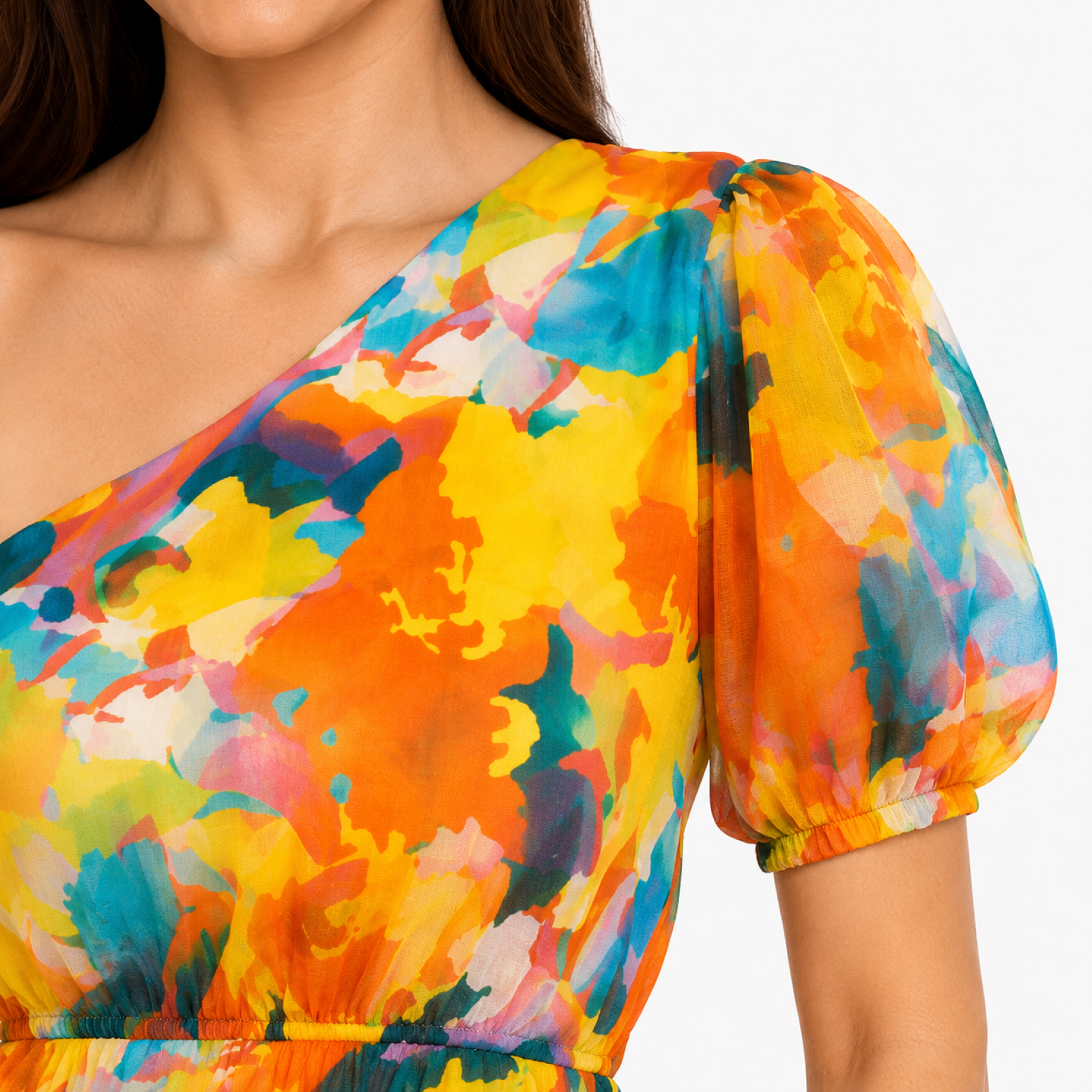 Women's Orange One-Shoulder Printed High-Low Dress | Asymmetrical Midi Party Dress-3
