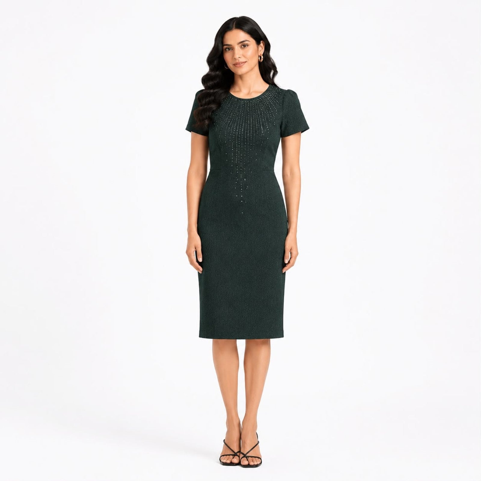 Women's Regal Emerald Green Textured Sheath Dress with Starburst Embellishments-1