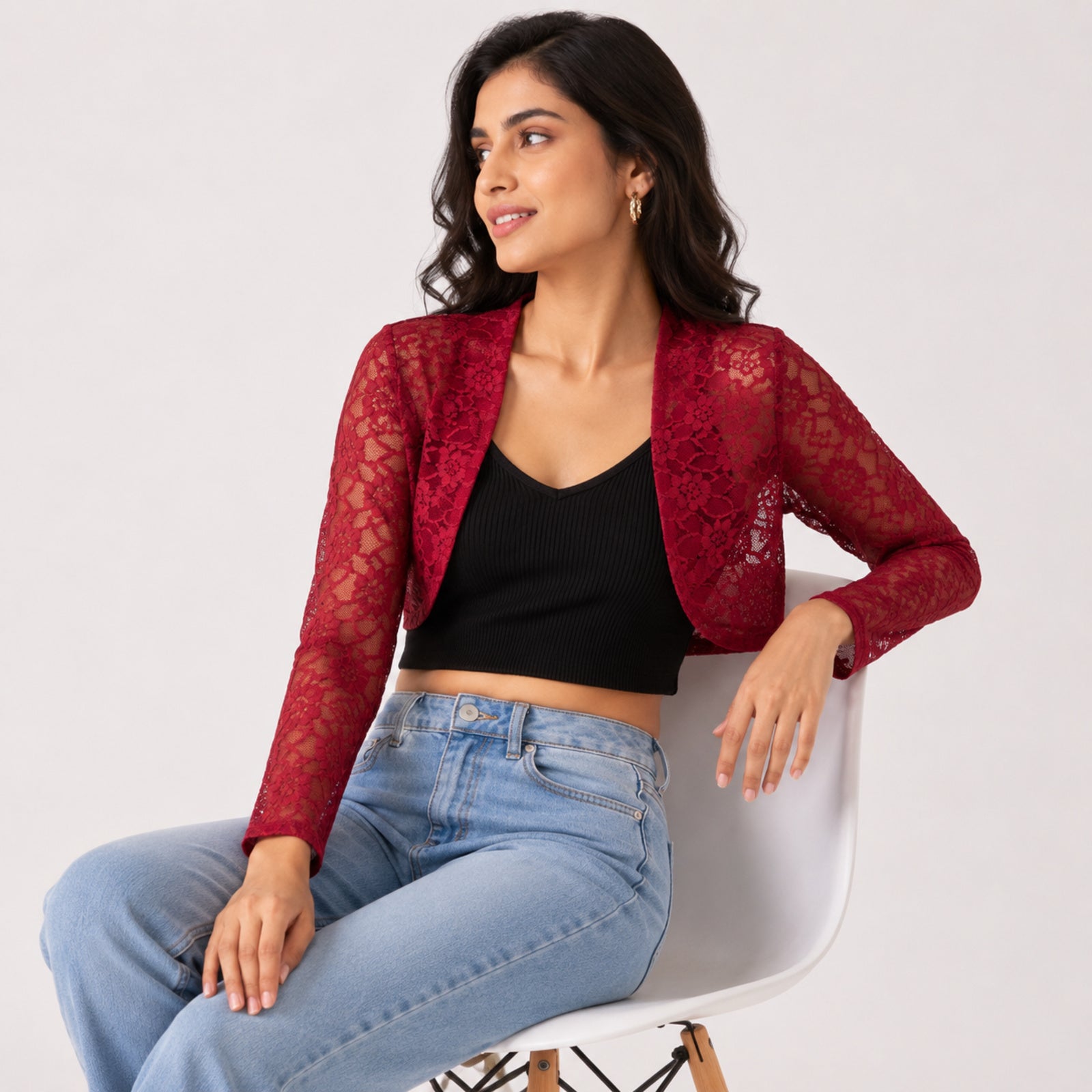 Women's Regal Maroon Sheer Floral Lace Shrug Blazer-2