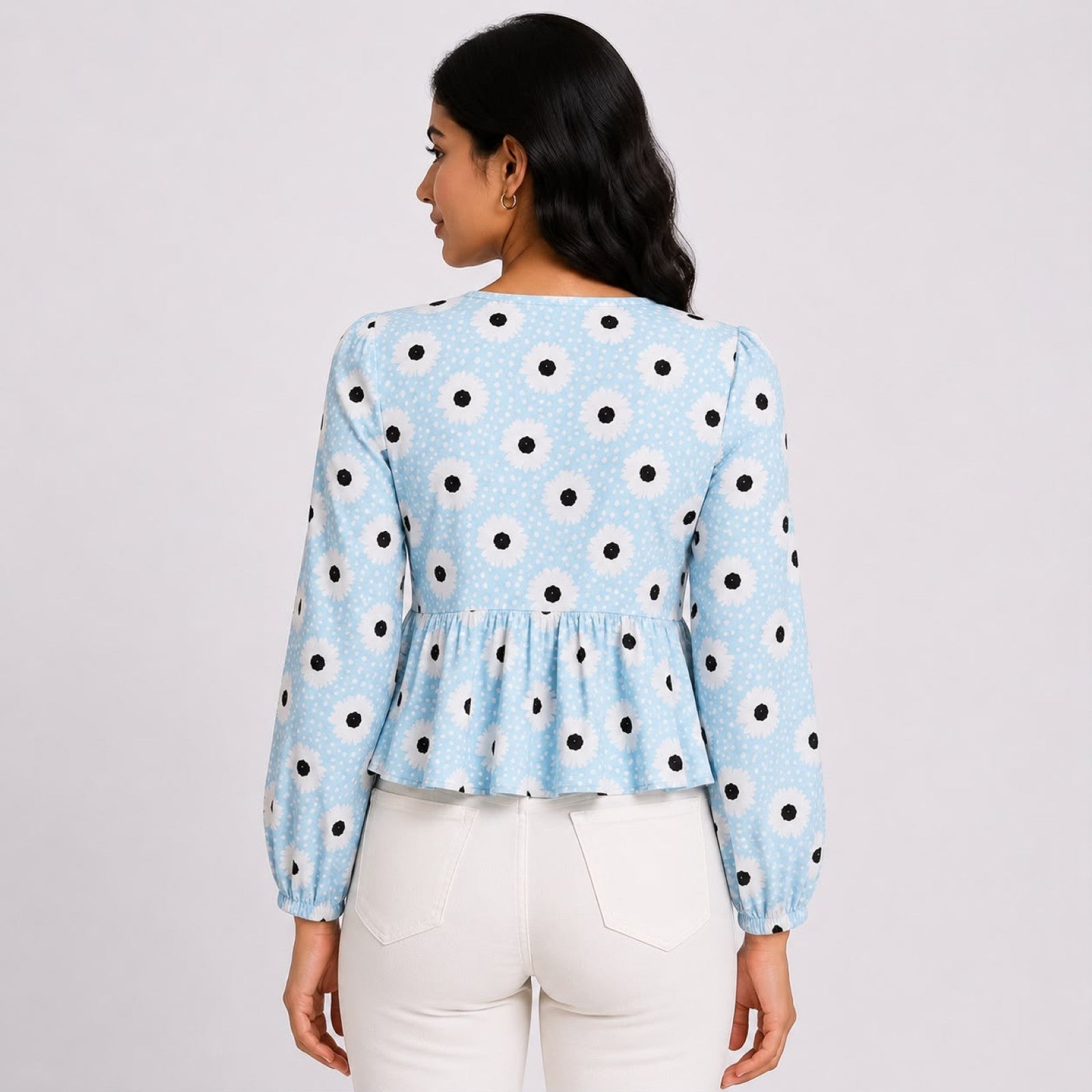 Women's Sky Blue Floral Print Peplum Top-4