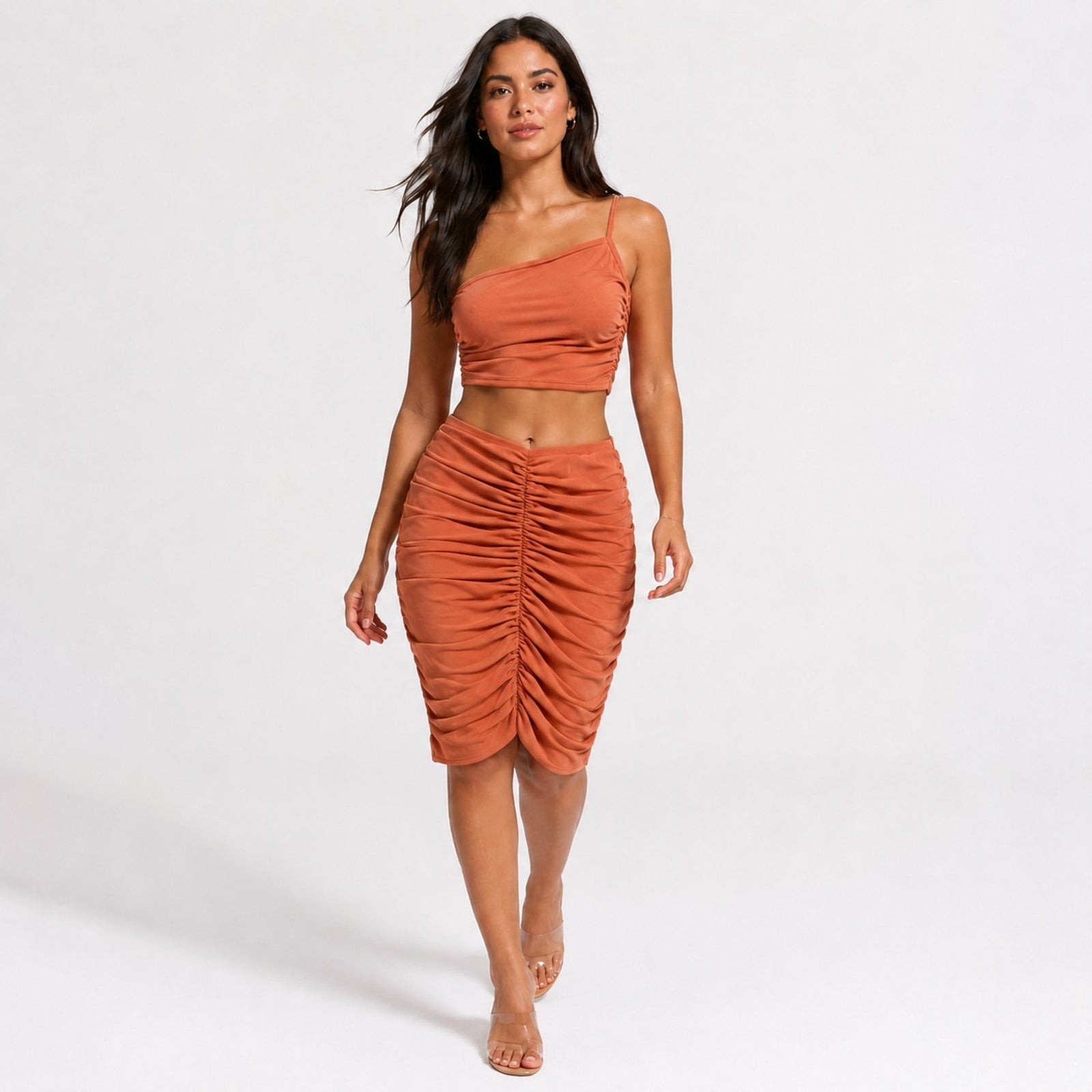 Women's Orange Solid One-Shoulder Sleeveless Ruched Co-Ord Set with Crop Top and Midi Skirt-1