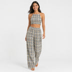 Women's Yellowish Checked Halter Neck Crop Top and Wide-Leg Pant Co-Ord Set | Printed Two-Piece Outfit-1