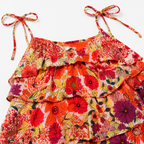 Women's Red Floral Print Layered Shoulder Tie Mini Dress-1