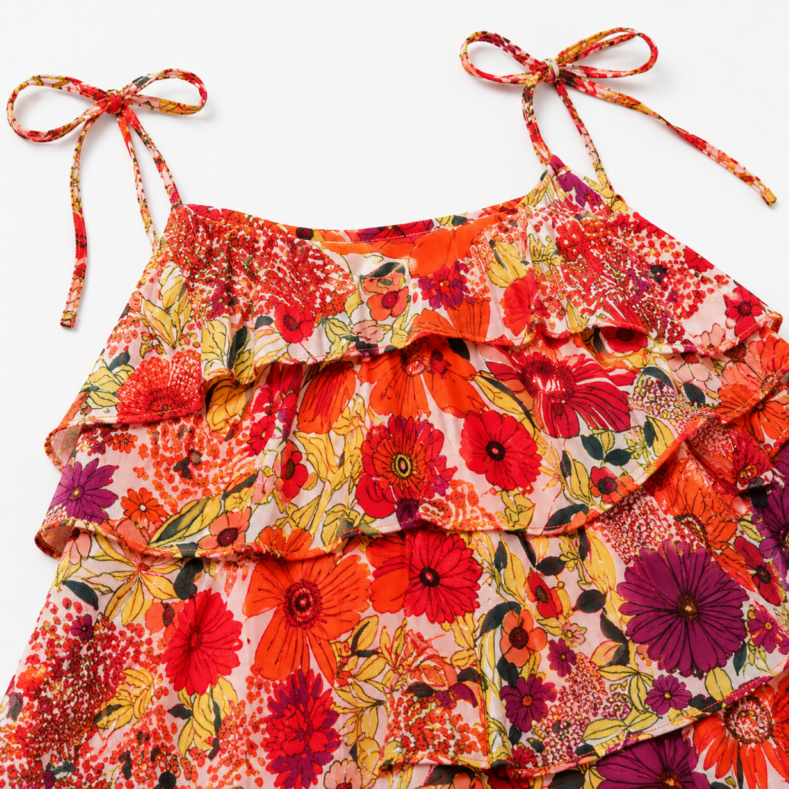 Women's Red Floral Print Layered Shoulder Tie Mini Dress-1