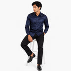 Men's Navy Blue Satin Finish Full Sleeve Party Shirt-1