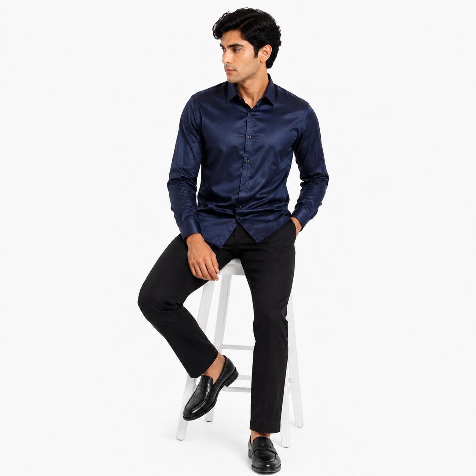 Men's Navy Blue Satin Finish Full Sleeve Party Shirt-1