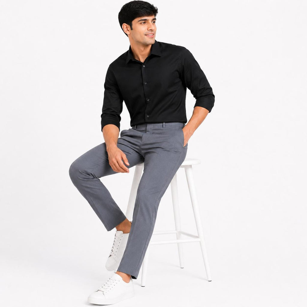 Men's Grey Slim Fit Flat-Front Formal Trousers | Tailored Office Wear Pants-3