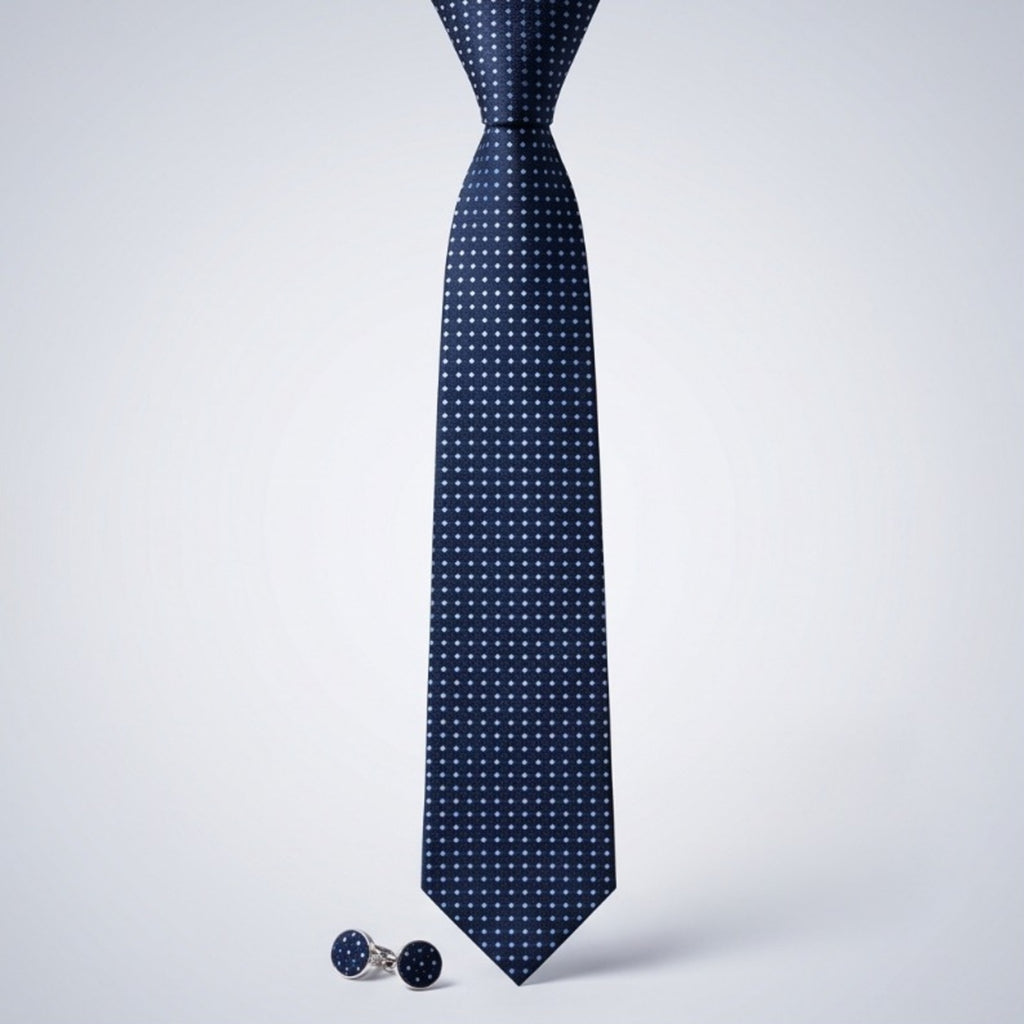 Men's Luxury Micro-Patterned Navy Blue Silk Formal Necktie with Matching Cufflinks Set-1