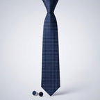 Men's Luxury Micro-Patterned Navy Blue Silk Formal Necktie with Matching Cufflinks Set-1