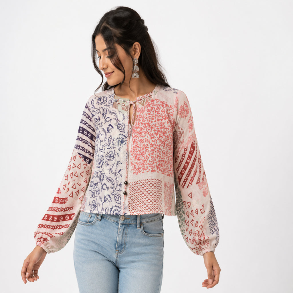 Women's Peach Patchwork Print Tie-Neck Cropped Casual Top-1