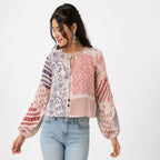 Women's Peach Patchwork Print Tie-Neck Cropped Casual Top-1