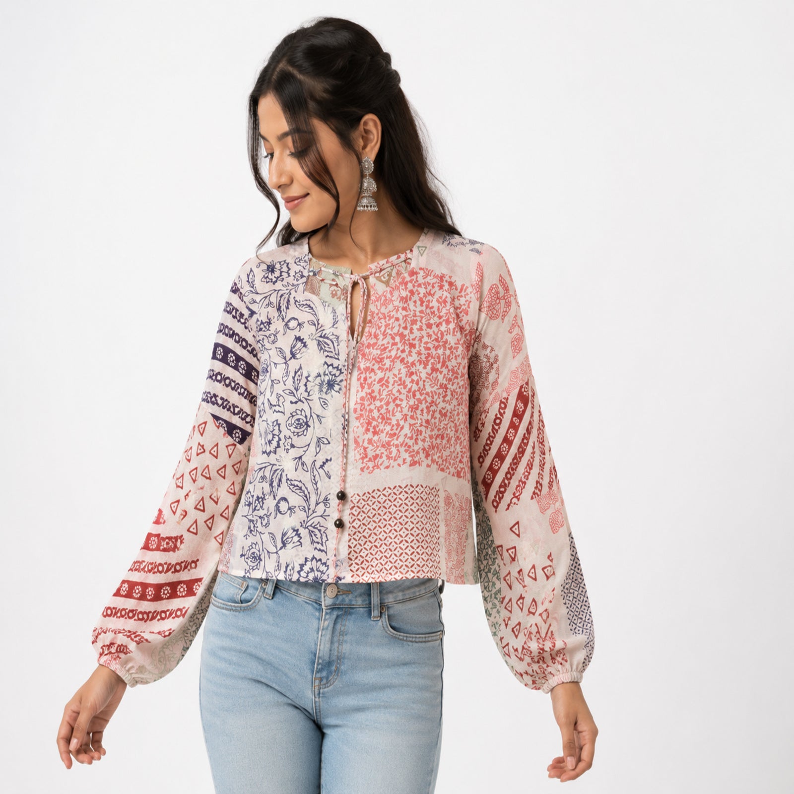 Women's Peach Patchwork Print Tie-Neck Cropped Casual Top-1