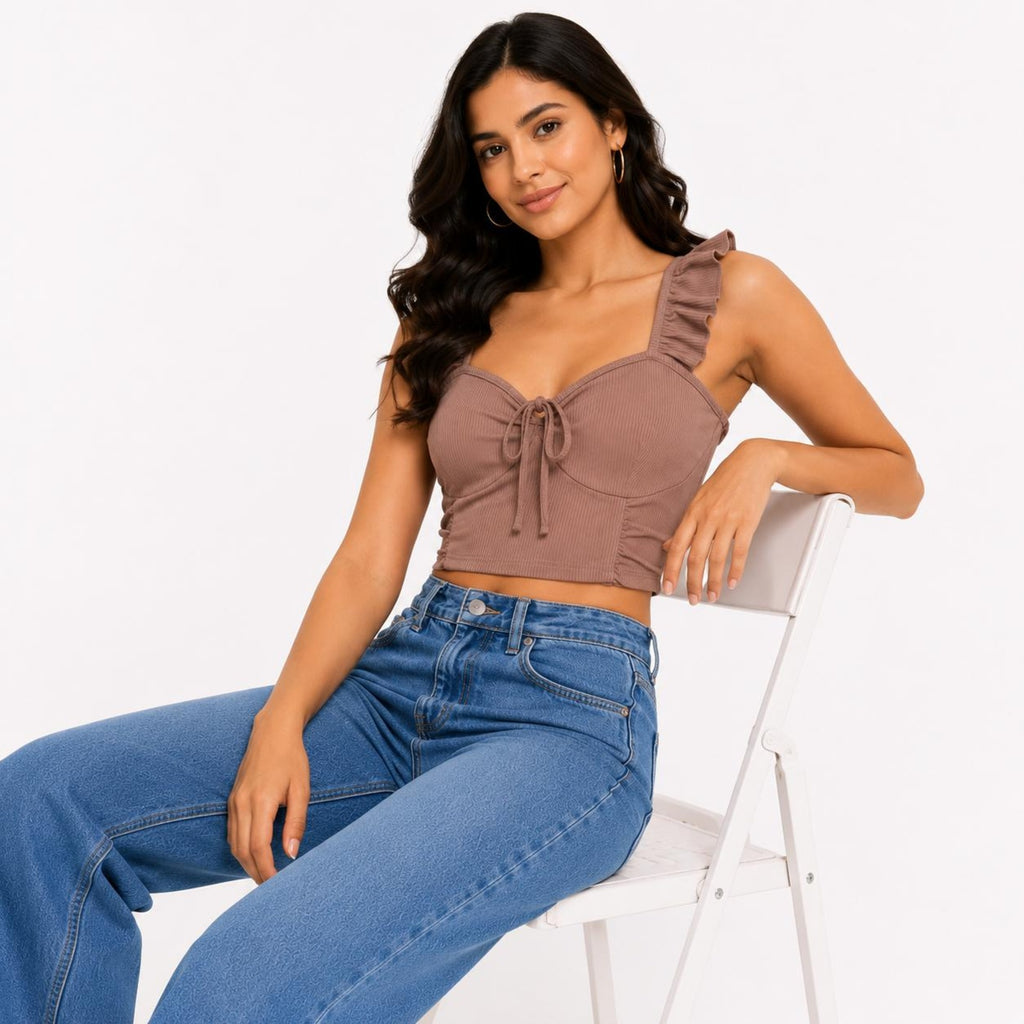 Women's Majestic Cocoa Brown Ribbed Corset Top with Ruffled Straps and Center-Front Tie Detailing-1