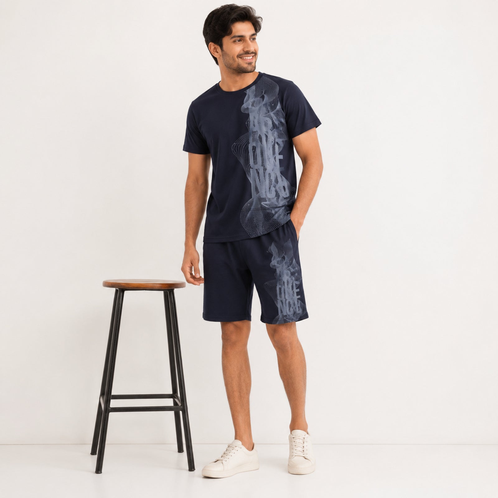 Men's Navy Blue Abstract Wave Graphic Performance T-Shirt and Shorts Co-ord Set-3