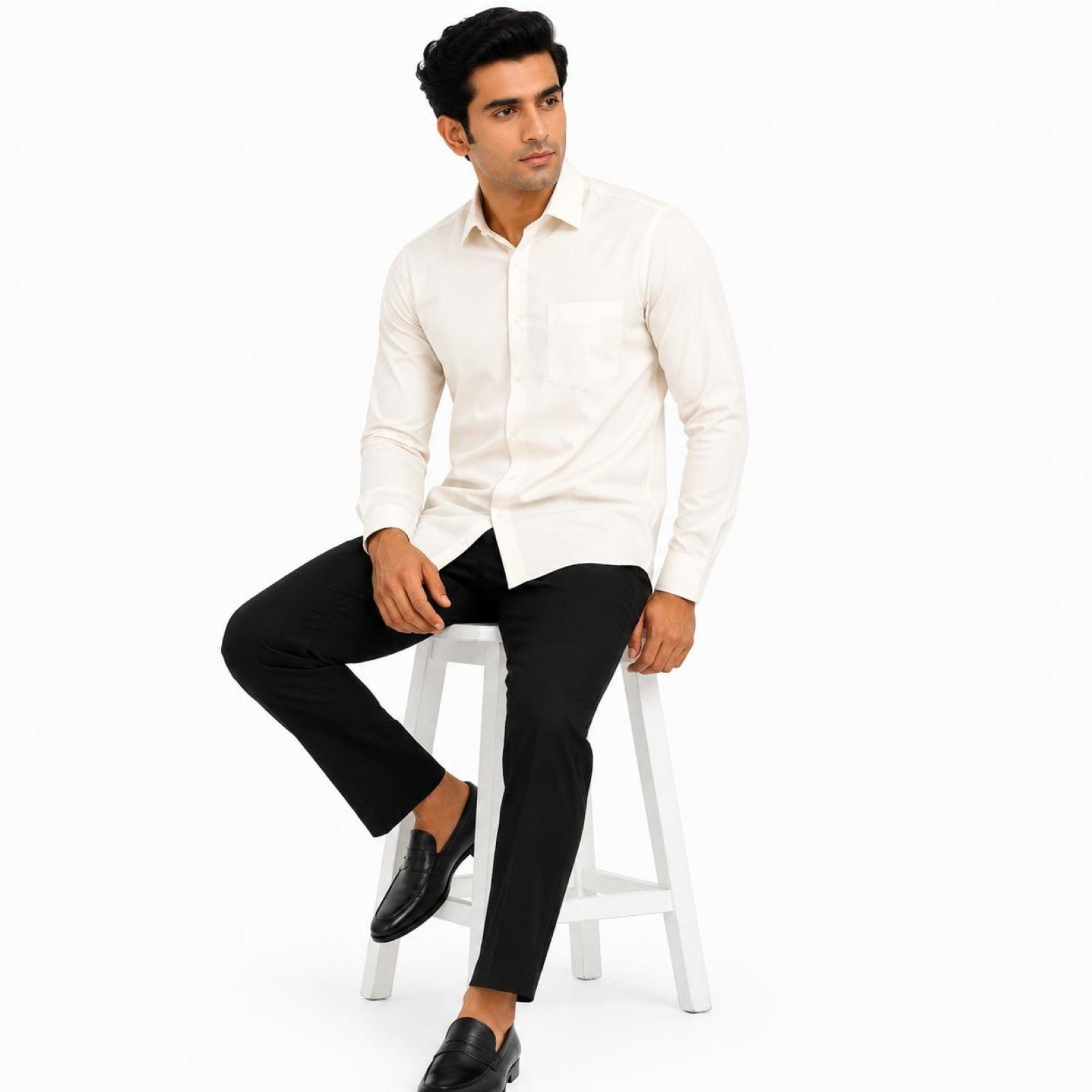 Men's Off White Solid Classic Full Sleeve Shirt with Pocket-3