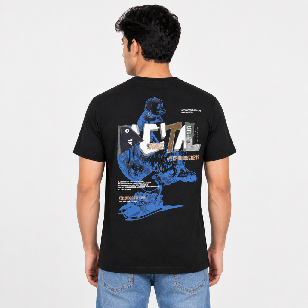 Men's Black Minimal Geometric Chest Print Crew Neck T-Shirt | Regular Fit Half Sleeve Casual Tee-3