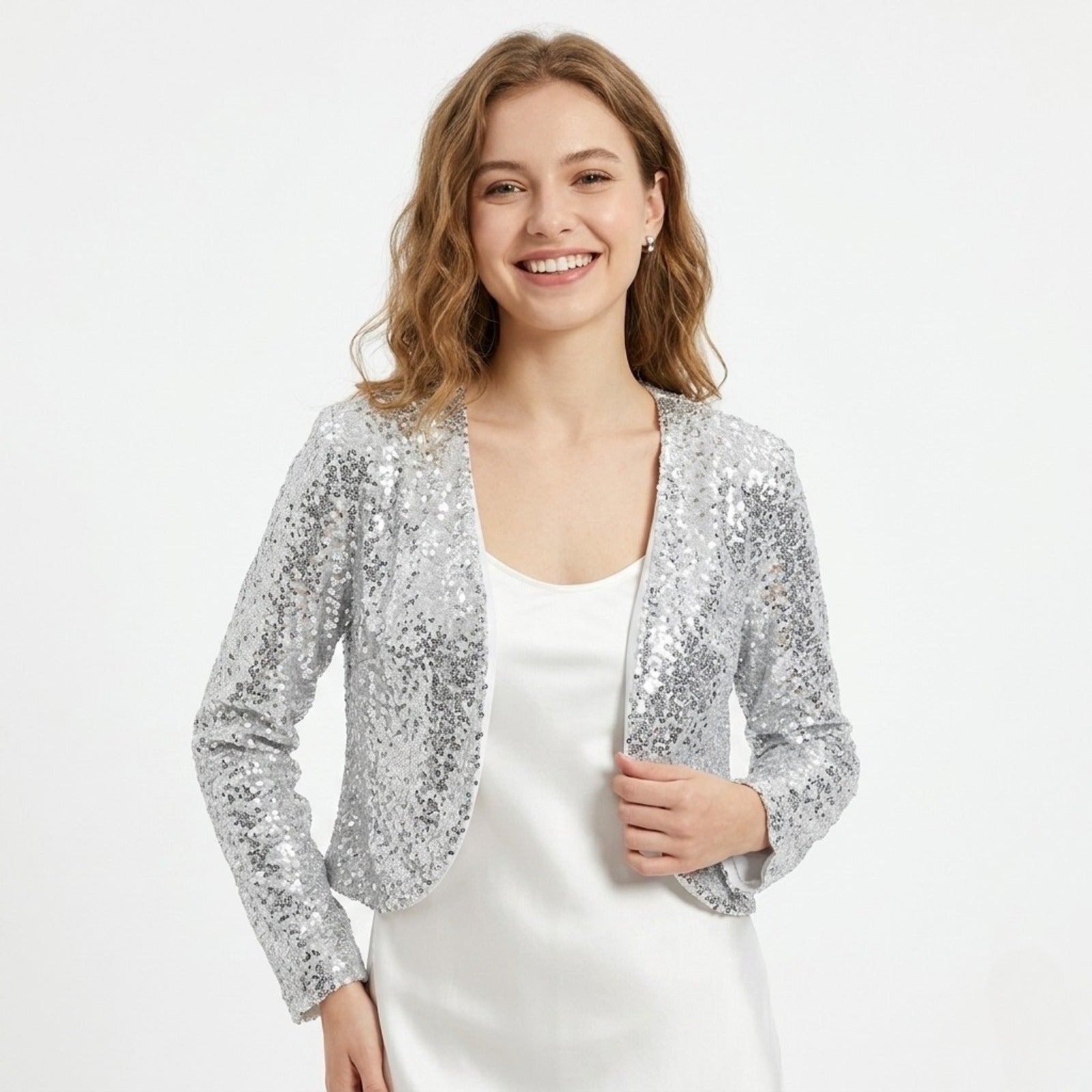 Women's Silver Sequin Open Front Party Shrug-1