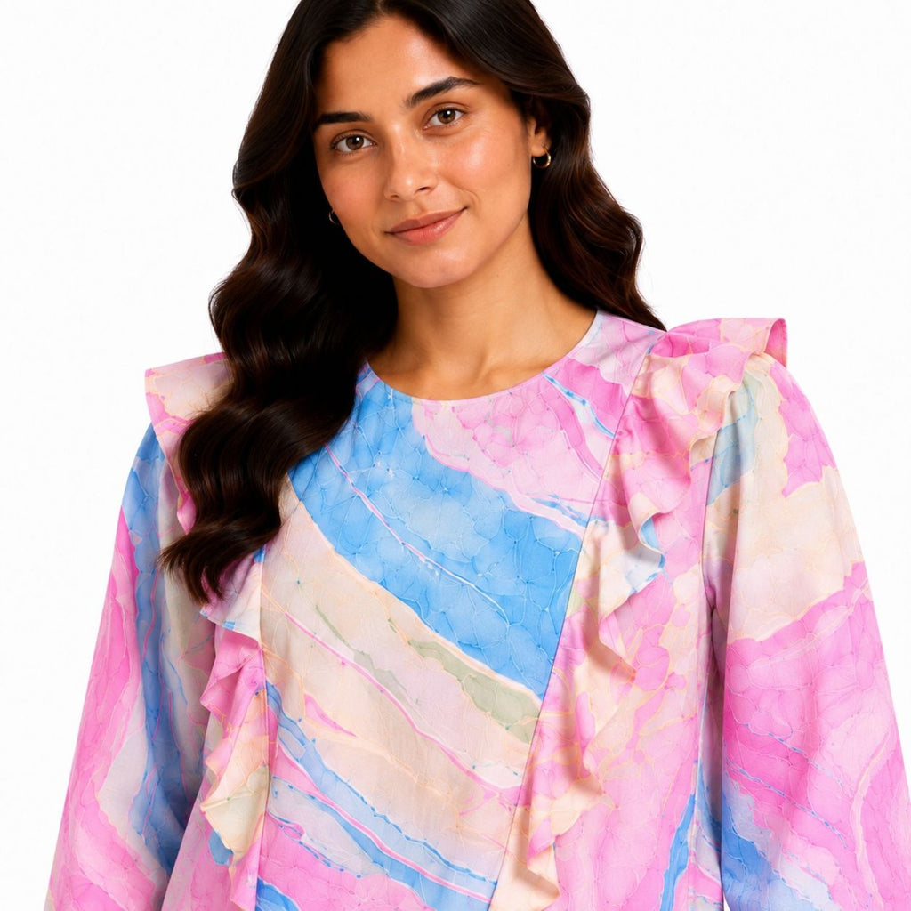 Women's Light Pink Abstract Marble Print Ruffle Sleeve Top and Straight Pyjama Co-Ord Set | Relaxed Lounge Set-2