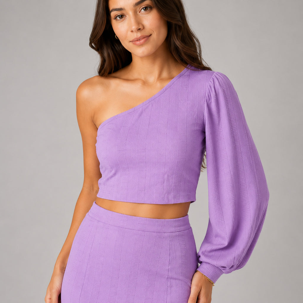 Women's Purple One-Shoulder Crop Top and Midi Skirt Co-Ord Set-3