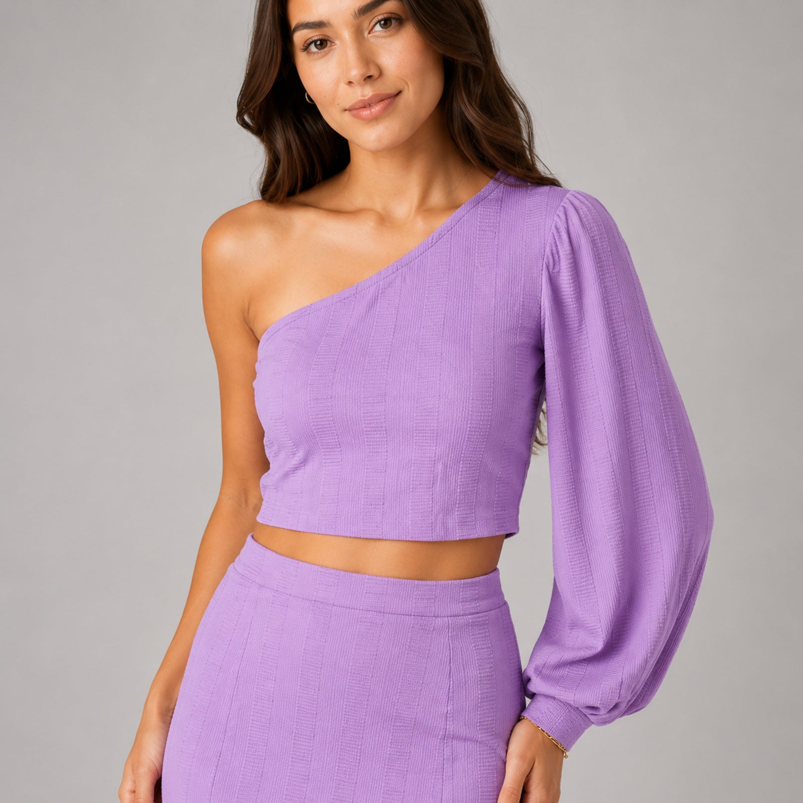 Women's Purple One-Shoulder Crop Top and Midi Skirt Co-Ord Set-3