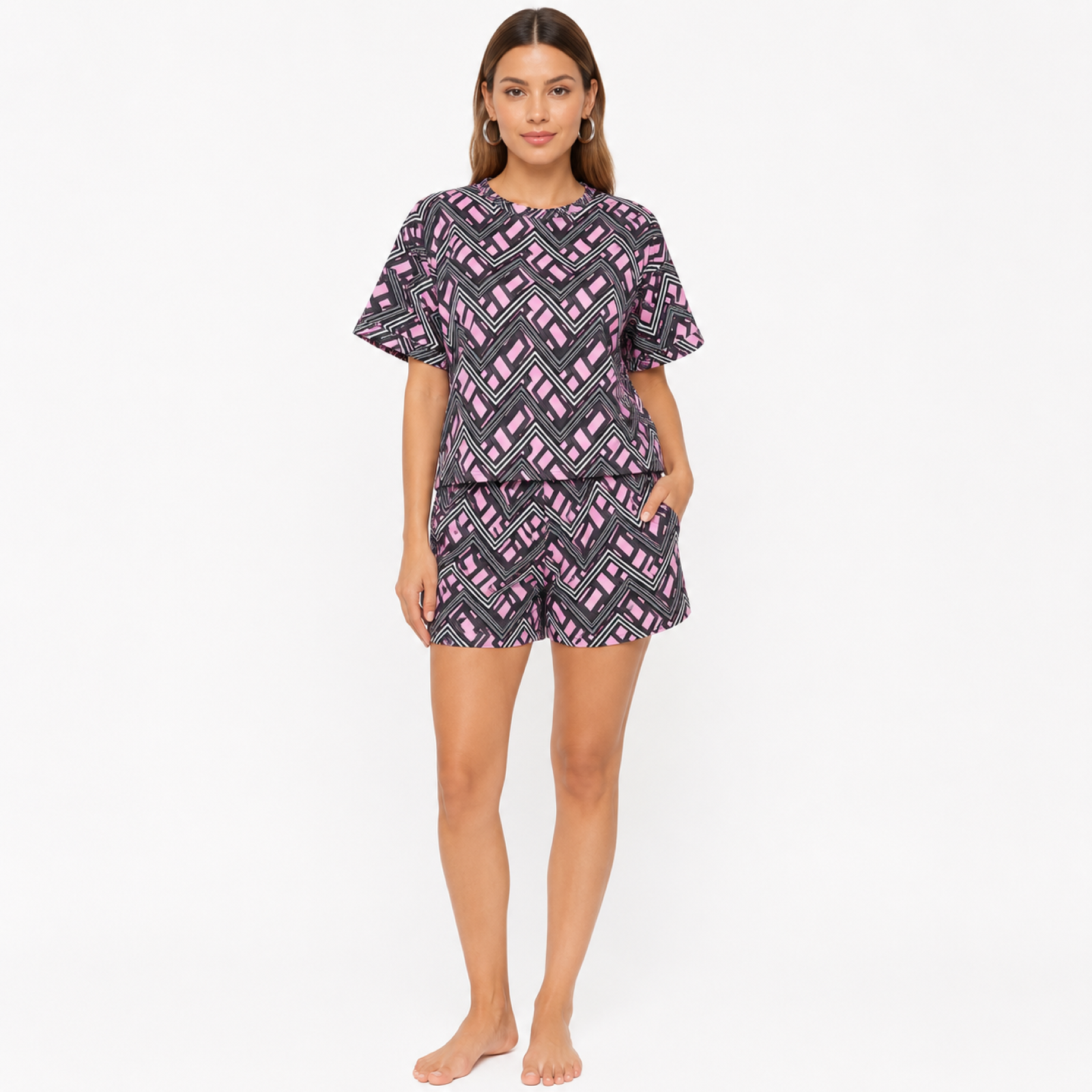 Women's Pink & Black Geometric Printed Co-Ord Set with Half Sleeve Top and Shorts-2