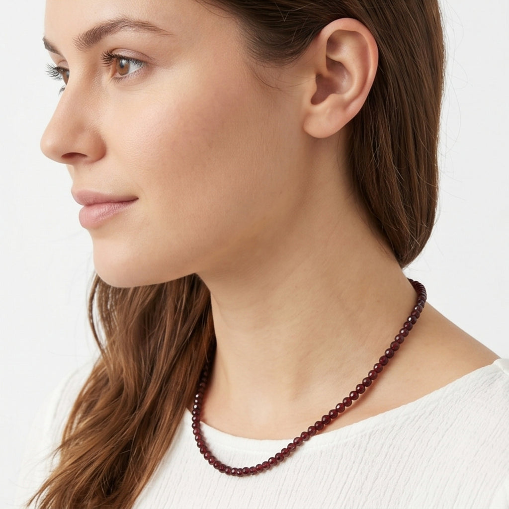 Women's Elegant Maroon Beaded Choker Necklace with Sterling Silver Drop Chain Accent-2