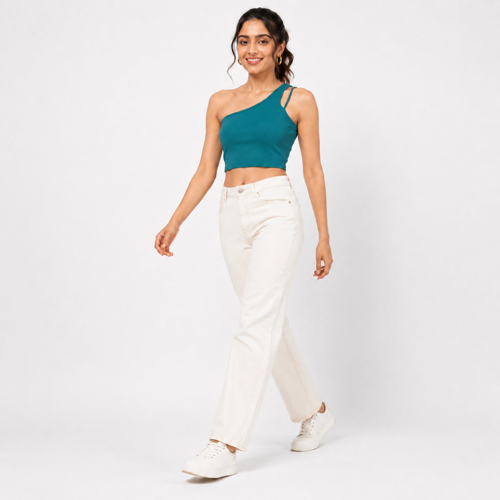 Women's Teal One-Shoulder Ribbed Crop Top | Slim Fit Casual Stretch Top-2