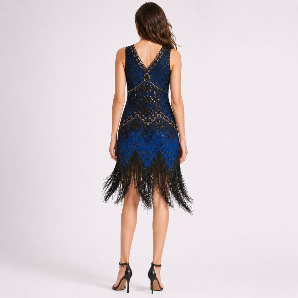 Women's Blue Art Deco Embellished Fringe Hem Sleeveless Mini Dress | Gatsby Party Wear Dress-4
