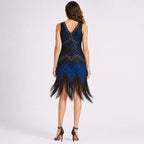 Women's Blue Art Deco Embellished Fringe Hem Sleeveless Mini Dress | Gatsby Party Wear Dress-4