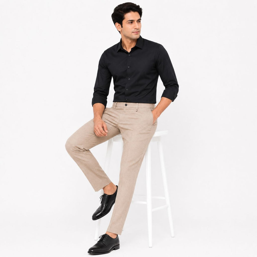 Men's Khaki Tailored Tapered Trousers with Textured Finish-3
