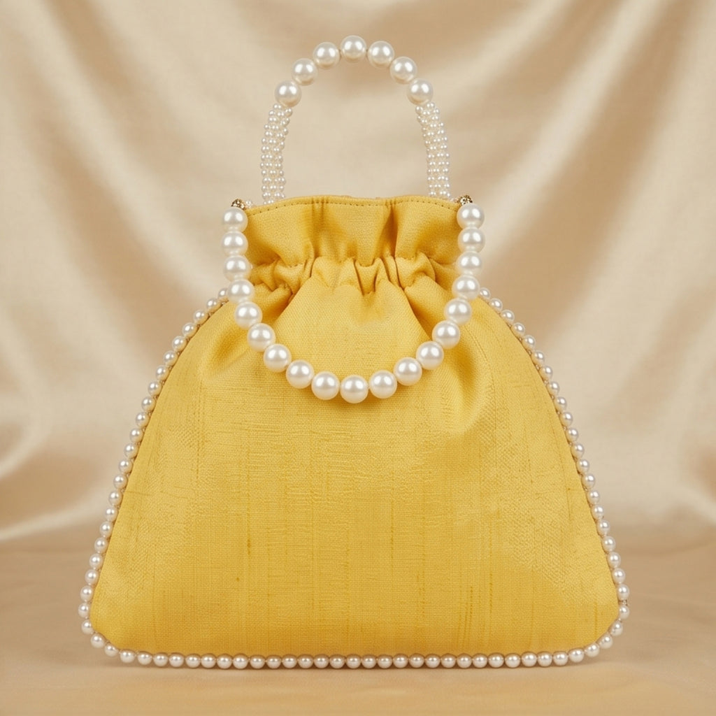Women's Yellow Embroidered Potli Bag with Pearl Handle-3