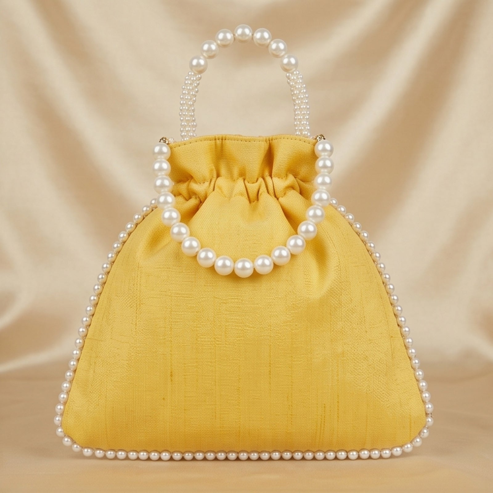 Women's Yellow Embroidered Potli Bag with Pearl Handle-3