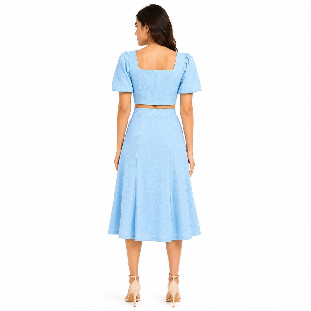 Women's Smoke Blue Puff Sleeve Crop Top & Midi Skirt Co-Ord Set-4