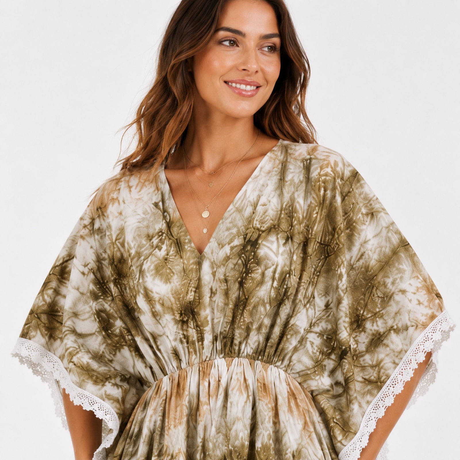 Women's Olive Green Tie-Dye V-Neck Lace Trim Kaftan Dress | Breezy Resort Wear Cover-Up-3