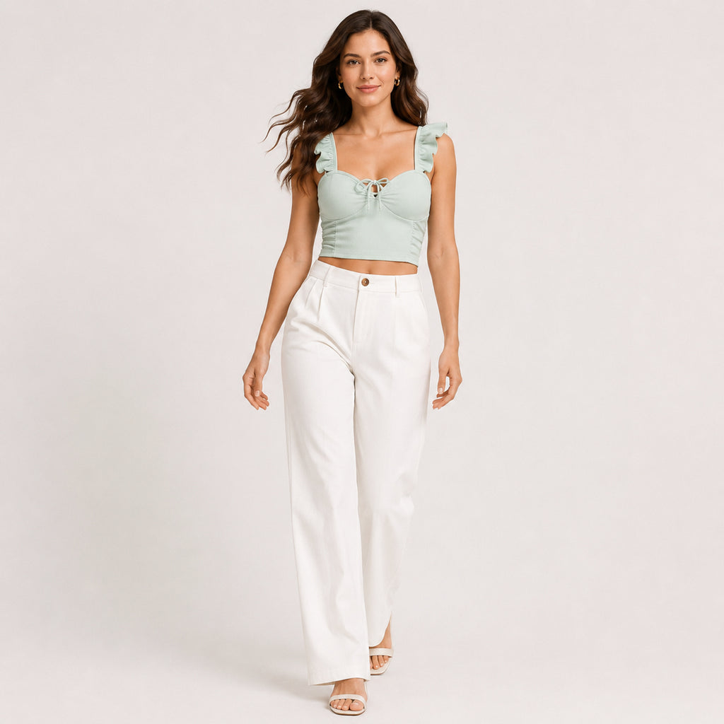 Women's Sage Whisper Ribbed Ruffle Strap Crop Top-3