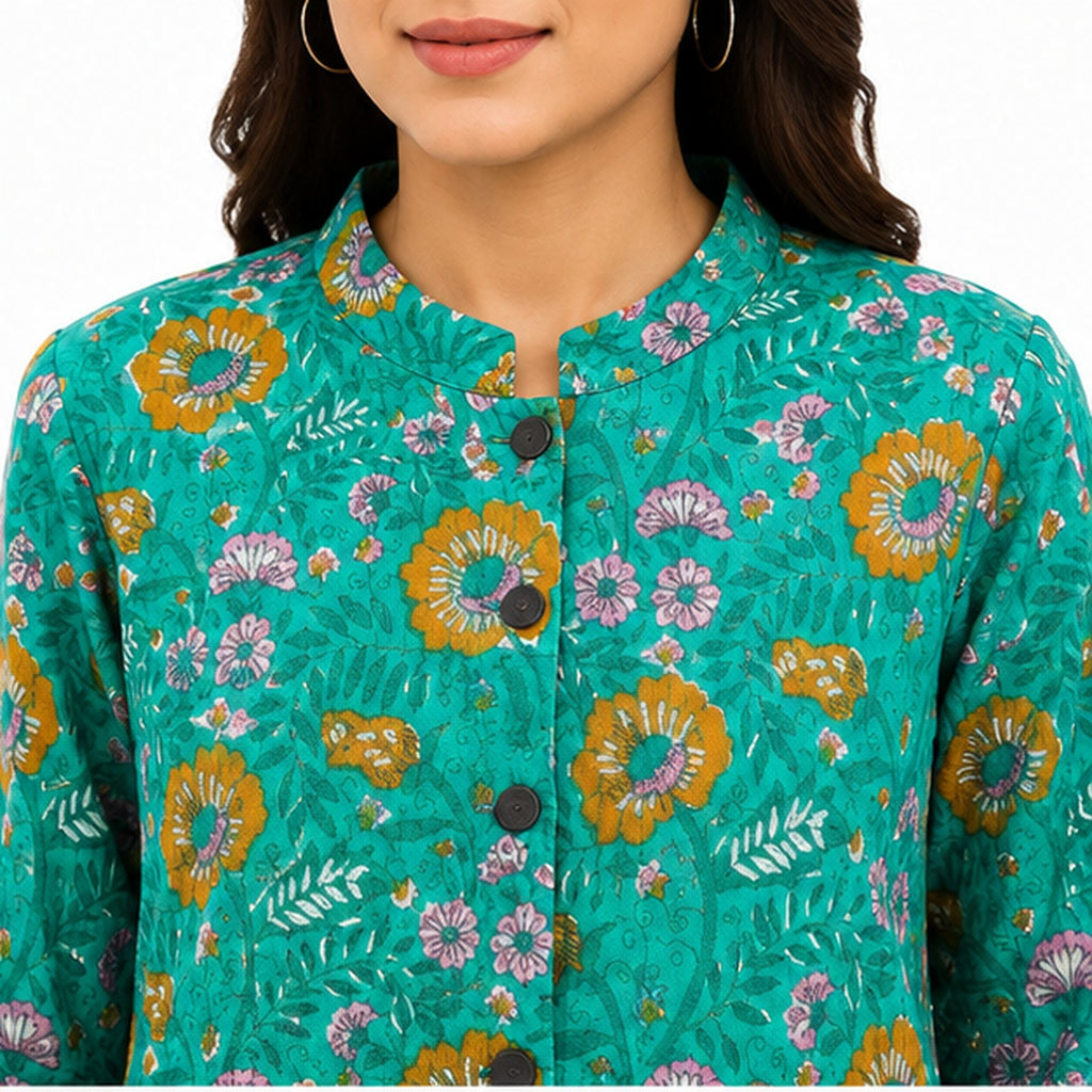 Women’s Teal Blue Printed Jacket – Full Sleeve Floral Button-Front Longline Jacket-2