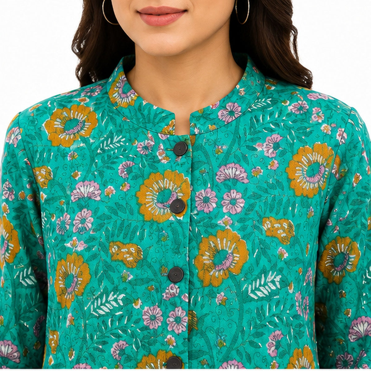 Women’s Teal Blue Printed Jacket – Full Sleeve Floral Button-Front Longline Jacket-2
