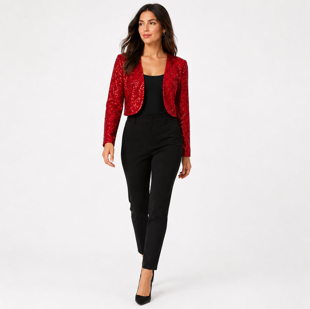 Women's Red Sequin Cropped Open Front Blazer Jacket | Glamorous Party Wear Shrug-3