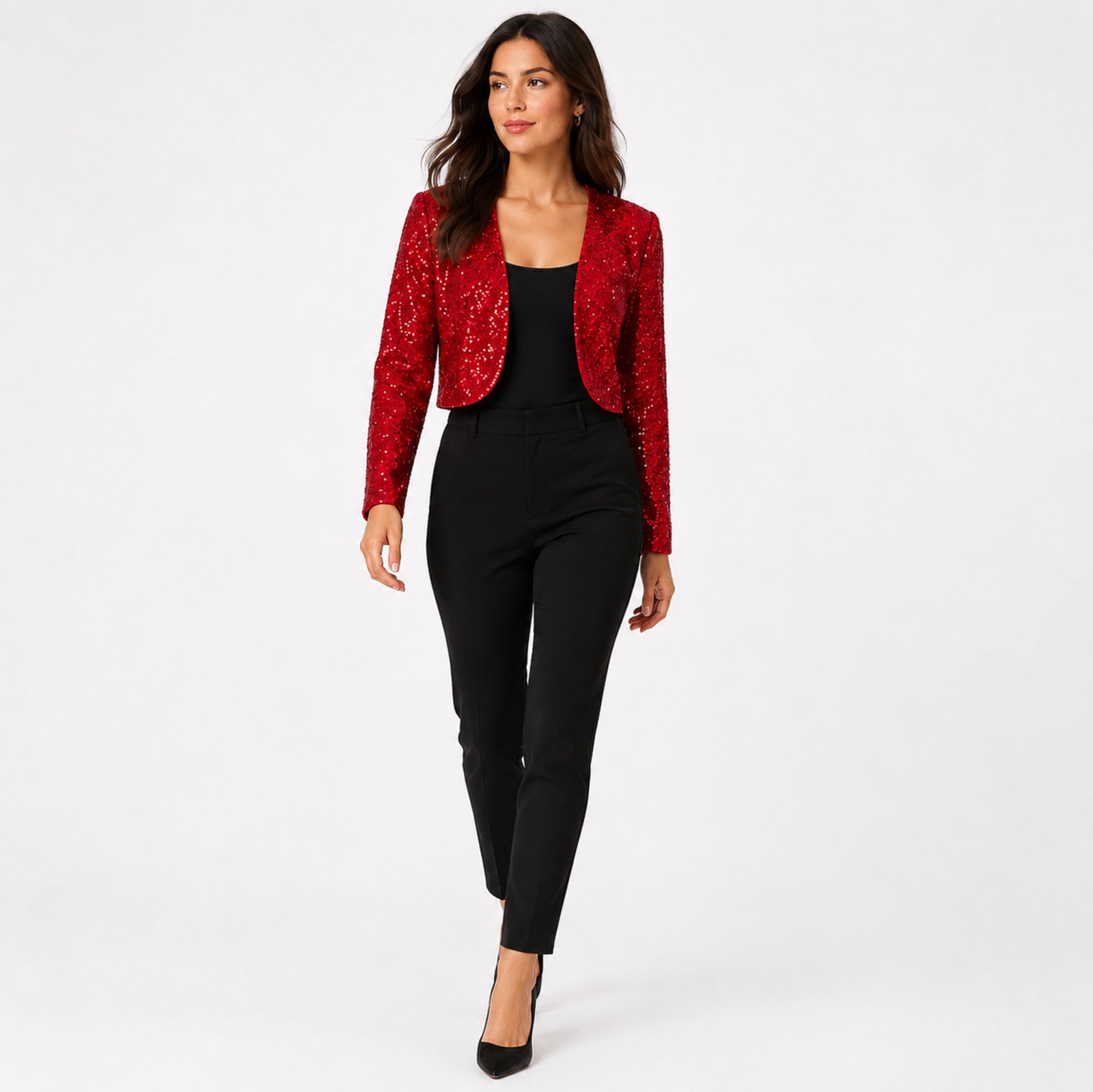 Women's Red Sequin Cropped Open Front Blazer Jacket | Glamorous Party Wear Shrug-3