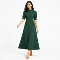 Women's Green Solid Mock Neck Fit & Flare Midi Dress with Puff Sleeves-1
